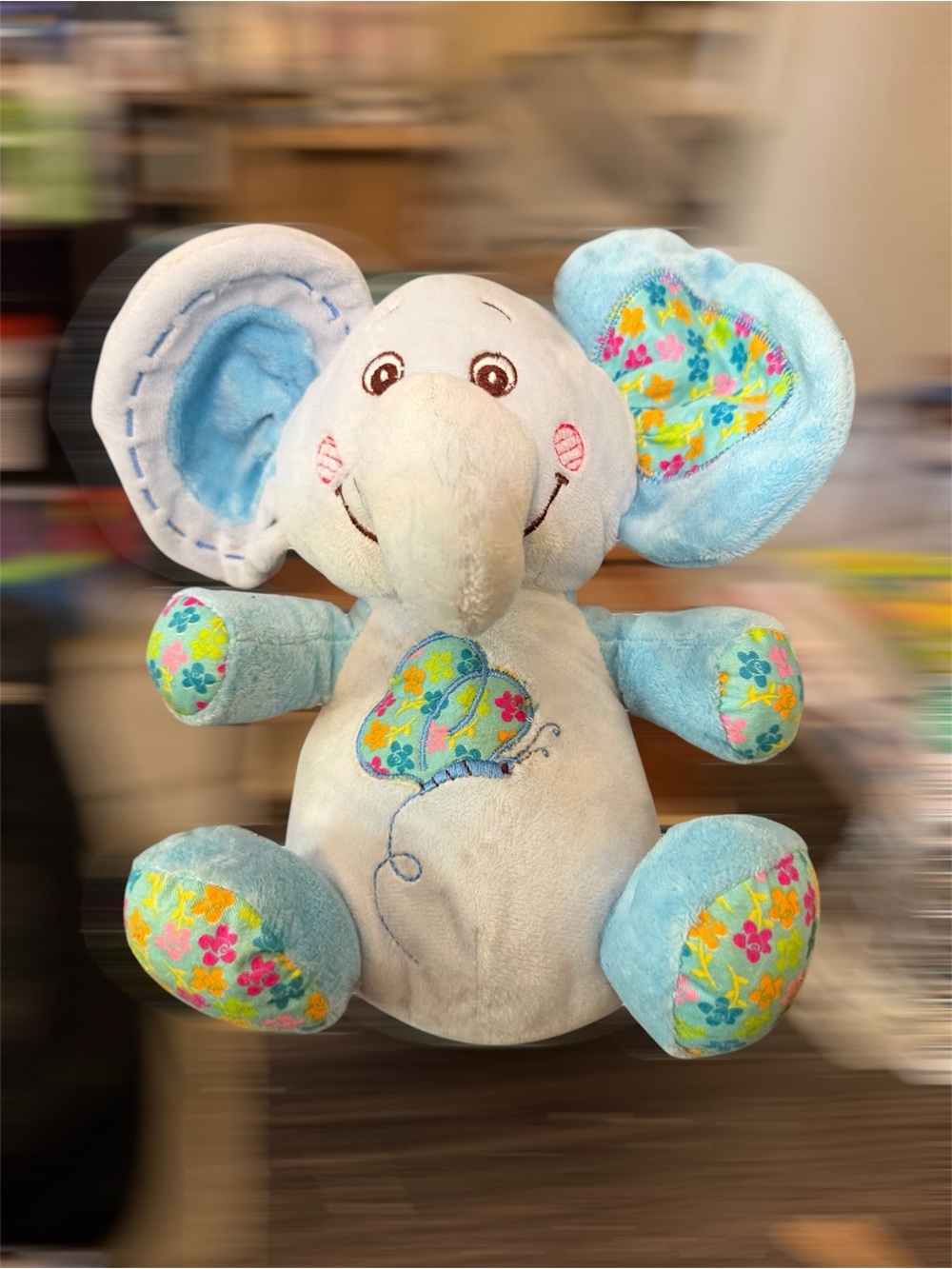 Plush Blue Floral Elephant Stuffed Animal - Soft Cuddly Rattle Toy